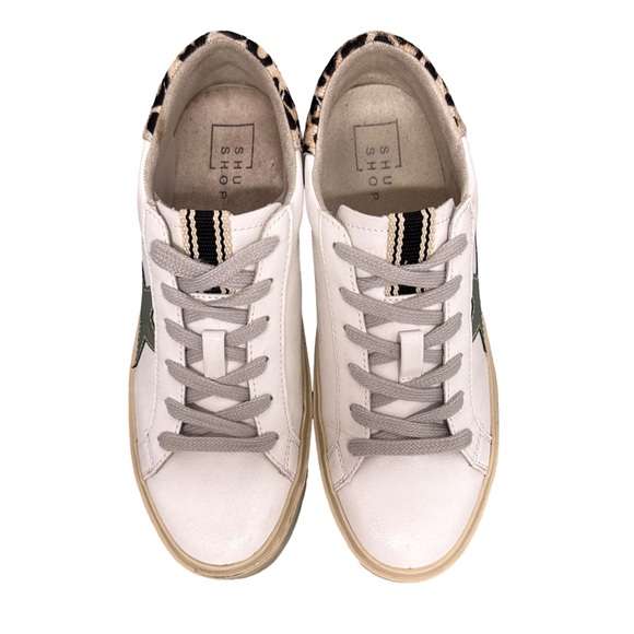 ShuShop Reba White Leather Platform Sneaker with Star Leopard Print Women’s 6.5 - Picture 3 of 9